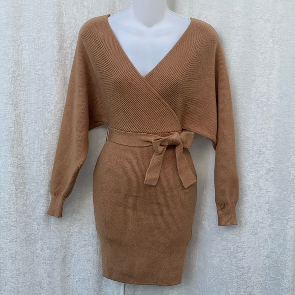 Forever 21 Tan Faux Wrap Tie Waist Knit Sweater Dress - Picture 2 of 11
